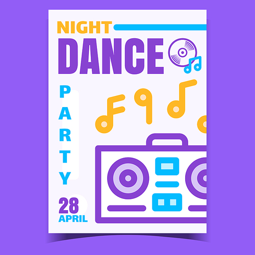 Night Dance Party Creative Promo Banner Vector. Record Player Electronic Equipment Playing Music For Dance Or Listening Musician Composition Advertising Poster. Concept Layout Style Color Illustration
