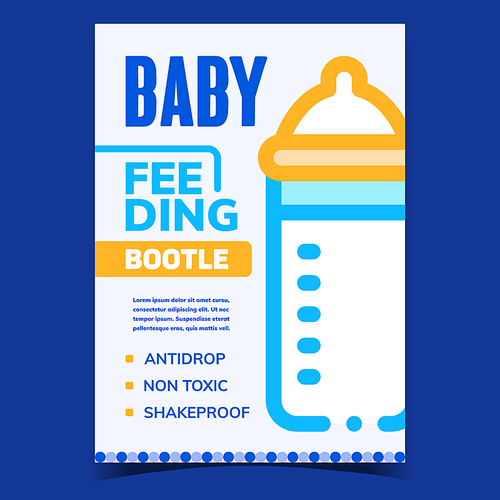 Baby Feeding Bottle Advertising Banner Vector. Shakeproof, Anti Drop And Non-toxic Bottle For Children Food Or Drink Milk Promotional Poster. Accessory Concept Template Style Color Illustration