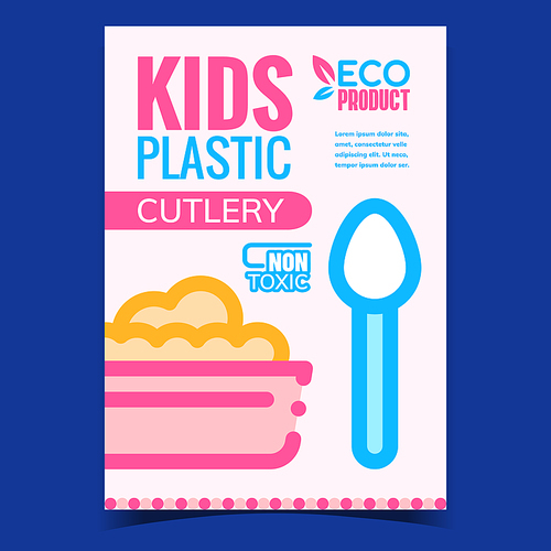 kids plastic cutlery advertising banner vector. plate, spoon and fork non-toxic cutlery for eating food promo poster. children  product concept template stylish colorful illustration