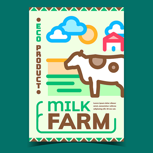 Milk Farm Eco Product Advertising Poster Vector. Cow Farming Animal, Natural Bio Milk And Meat Production Farmland Promo Banner. Dairy Cattle Concept Template Style Color Illustration
