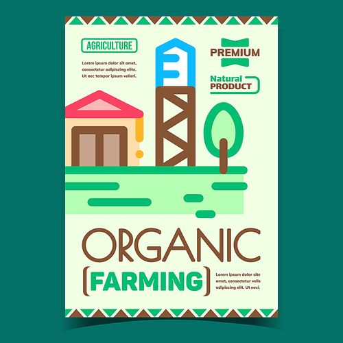 Organic Farming Product Advertising Banner Vector. Farmland Buildings And Plant For Harvesting And Production Natural Product Promotional Poster. Concept Mockup Style Color Illustration