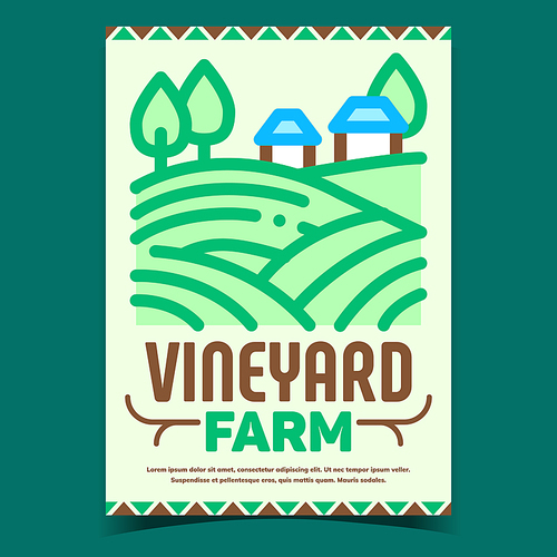 Vineyard Farm Creative Advertising Poster Vector. Agricultural Vineyard Field, Grape Farming Meadow, Buildings And Trees On Promotional Banner. Concept Mockup Style Color Illustration