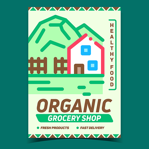 Organic Grocery Shop Advertising Banner Vector. Grocery Market Selling Healthy Food, Countryside Store Building And Mountain On Promotional Poster. Concept Template Style Color Illustration