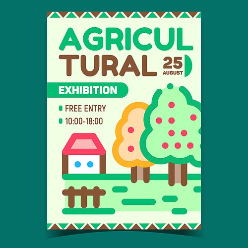 Agricultural Exhibition Advertising Banner Vector. Agricultural Forum Or Conference, Garden And Farm Building On Promotional Creative Poster. Concept Template Style Color Illustration