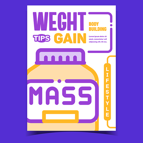 Weight Gain Tips Creative Advertise Poster Vector. Mass Gain Nutrition Bottle On Promotional Banner. Gaining Muscle, Fitness And Bodybuilding Lifestyle Concept Template Style Color Illustration