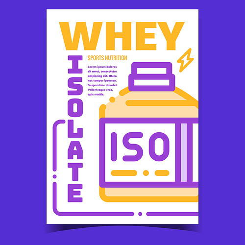 Whey Isolate Creative Advertising Banner Vector. Whey Isolate Iso Bottle Promotional Poster. Energy Sports Nutrition Supplement Packaging Concept Template Stylish Color Illustration