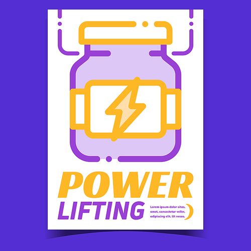 Powerlifting Creative Advertising Poster Vector. Muscle Powerlifting Energy Nutrition Bottle On Promotional Banner. Bodybuilding Gym Power Training Concept Template Stylish Colorful Illustration