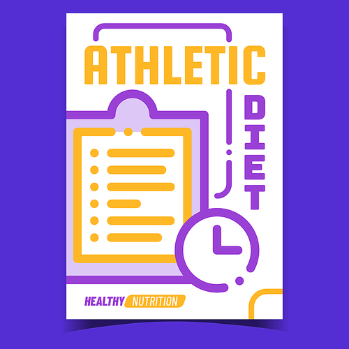 Athletic Diet Creative Advertising Banner Vector. Sportsman Diet Healthy Nutrition List And Clock Time On Promotional Poster. Refreshment Meal Concept Template Style Color Illustration