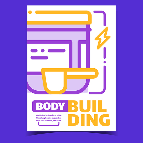 Bodybuilding Nutrition Advertising Poster Vector. Bodybuilding Vitamins And Minerals, Bcaa And Protein Package With Measuring Cup On Promo Banner. Concept Template Style Color Illustration