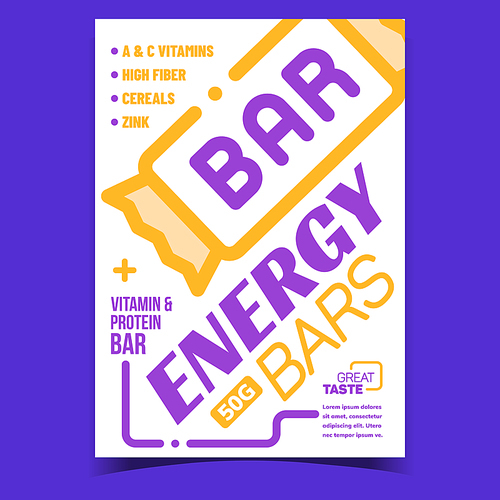 Energy Bars Food Creative Advertise Banner Vector. Vitamin And Protein Taste Bar Package On Promotional Poster. Fiber, Cereals And Zink Concept Template Stylish Colorful Illustration
