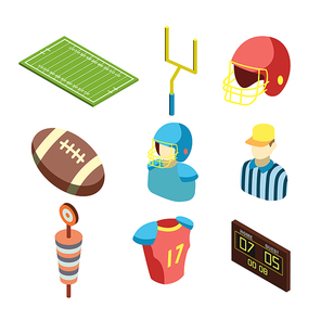American Football Sportive Isometric Set Vector. Football Stadium And And Gate, Protective Helmet And Ball, Player And Arbitrator, Uniform And Scoreboard Collection Sport Game Tool. Illustrations