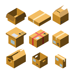 Cardboard Box Different Size Collection Isometric Set Vector. Blank Closed And Opened Empty Box. Delivery And Transportation Carton Package Fragile Signs. Container For Shipping Storage Illustrations