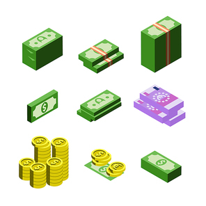 Money Dollar And Euro Banknotes Coins Isometric Set Vector. Collection Of Money Cash Heap Different Financial Currency. Bank Notes Capital Finance Exchange Greenback Illustration