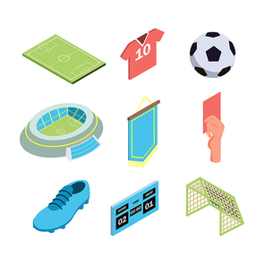 Soccer Game Sport Equipment Collection Isometric Set Vector. Soccer Field And Stadium, Player T-shirt And Shoe, Football Ball And Gate, Scoreboard And Red Card. Sportive Illustrations