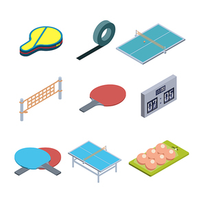 Table Tennis Game Equipment Collection Isometric Set Vector. Tennis Rackets And Case, Playing Table And Grid, Balls And Scoreboard. Sport Accessories Leisure Active Time Illustrations
