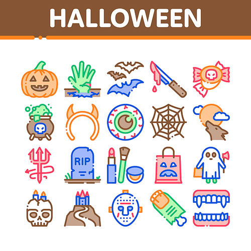 Halloween Celebration Collection Icons Set Vector. Halloween Pumpkin And Bat, Ghost And Eye, Blood Knife And Candies, Castle And Cobweb Concept Linear Pictograms. Color Contour Illustrations