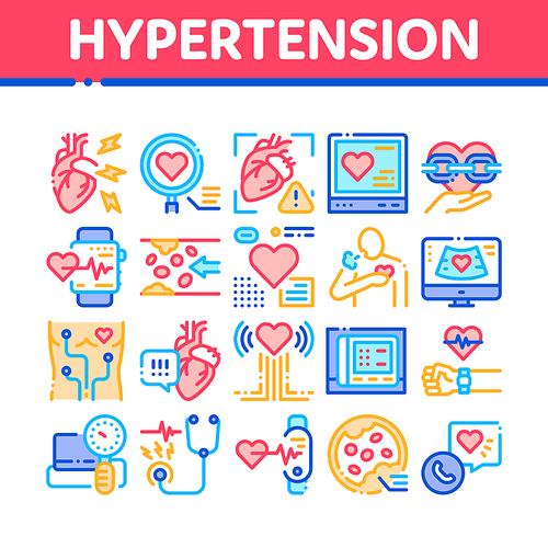 Hypertension Disease Collection Icons Set Vector. Hypertension Ill And Treatment, Heart Research And Examination, Fitness Bracelet And Watch Concept Linear Pictograms. Color Contour Illustrations