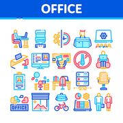 Office And Workplace Collection Icons Set Vector. Office Table And Chair, Badge And Business Case, Water Cooler And Computer Screen Concept Linear Pictograms. Color Contour Illustrations