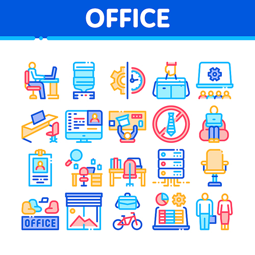 Office And Workplace Collection Icons Set Vector. Office Table And Chair, Badge And Business Case, Water Cooler And Computer Screen Concept Linear Pictograms. Color Contour Illustrations