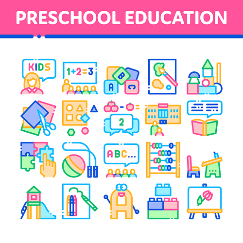 Preschool Education Collection Icons Set Vector. Preschool Educational Game And Lessons, Teacher And Kids, Painting And Count Concept Linear Pictograms. Color Contour Illustrations