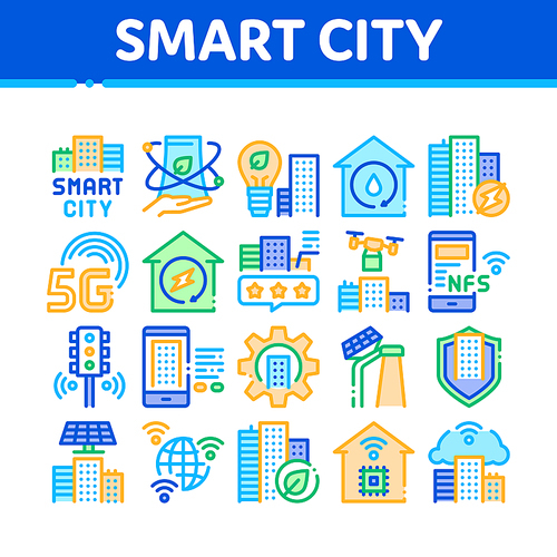 Smart City Technology Collection Icons Set Vector. Smart City Tool Traffic Lights And Drone Delivery, Solar Battery And Eco Energy Plant Concept Linear Pictograms. Color Contour Illustrations