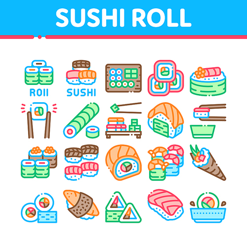 sushi roll asian dish collection icons set vector. sushi roll set japanese traditional food cooked from 음식 and fish, shrimp and cheese concept linear pictograms. color contour illustrations