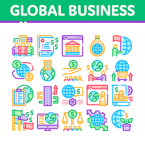 Global Business Finance Strategy Icons Set Vector. International And Worldwide Business, Businesspeople Team And Agreement Concept Linear Pictograms. Color Contour Illustrations