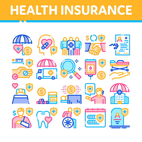 Health Insurance Care Collection Icons Set Vector. Medical Insurance Agreement And Healthcare Service, Ambulance Car And Hospital Ward Concept Linear Pictograms. Color Contour Illustrations
