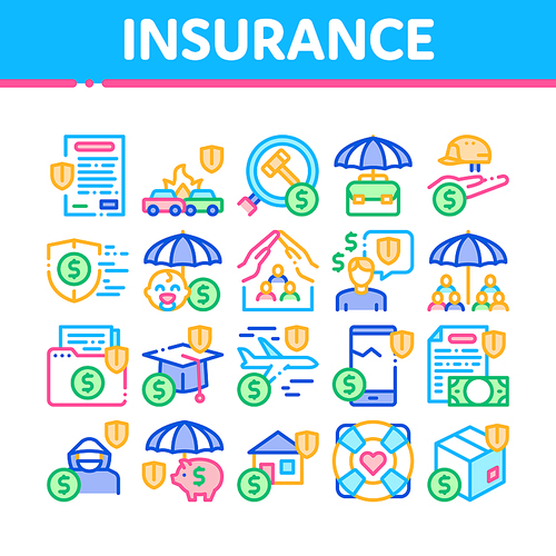 Insurance All-purpose Collection Icons Set Vector. Insurance Agreement For Protection House And Car, Health And Life, Phone And Lost Work Concept Linear Pictograms. Color Contour Illustrations