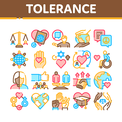 Tolerance And Equality Collection Icons Set Vector. Tolerance For Different Religion And Race, People With Disabilities And Gender Concept Linear Pictograms. Color Contour Illustrations