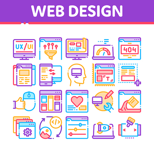 Web Design Development Collection Icons Set Vector. Creative Web Design Studio Tool And Settings, Error Message And Filtering Data Concept Linear Pictograms. Color Contour Illustrations