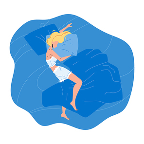 Woman Asleep At Night In Comfortable Bed Vector. Young Girl Lying And Asleep On Cozy Orthopedic Mattress And Pillow. Character Lady Resting And Sleeping Bedtime Flat Cartoon Illustration