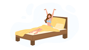 Woman Awake Morning In Comfortable Bed Vector. Young Girl Awake From Healthy Sleep Yawn Feel Satisfied After Night Dreams In Room House. Character Bedroom Flat Cartoon Illustration