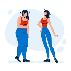 Woman Before And After Sportive Exercise Vector. Young Girl Figure Before And After Weight Loss Diet, Overweight Treatment. Character Lady From Fat To Slim Body Flat Cartoon Illustration