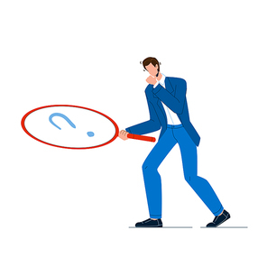 Businessman With Magnifier Looking Clue Vector. Young Man With Magnifying Glass Search Clue. Character Detective With Loupe And Question Searching Details Flat Cartoon Illustration