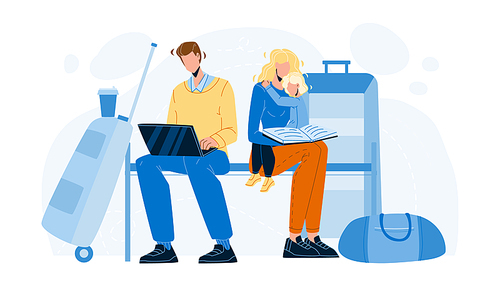 Delayed Flight Family Wait On Airport Vector. Man Working On Laptop And Woman Reading Book For Little Girl Daughter, Delay Problem. Characters And Luggage Flat Cartoon Illustration