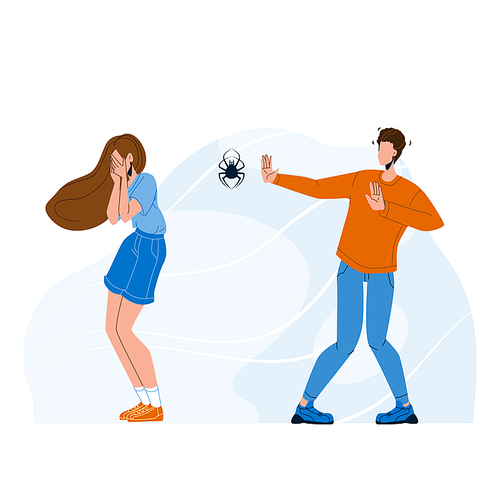 Shocked People With Phobia Afraid Spider Vector. Wild Animal Fear Phobia Woman Cover Face With Hands And Screaming Man. Scary Characters Arachnophobia Problem Flat Cartoon Illustration