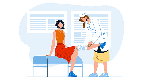 Doctor Giving Physiotherapy To Patient Vector. Nurse Bandaging Leg With Elastic Bandage, Medical Physiotherapy. Characters Physical Therapy In Hospital Cabinet Flat Cartoon Illustration