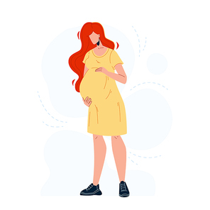 Pregnant Woman Hugging Touch Tummy Abdomen Vector. Pregnant Young Girl Touching Belly, Future Mother Waiting Childbirth. Character Pregnancy And Maternity Flat Cartoon Illustration
