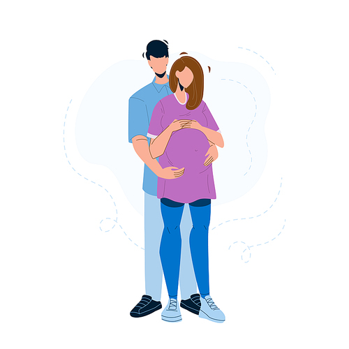 Pregnant Couple Embracing Young Family Vector. Man Embrace Pregnant Woman, Parenthood. Characters Husband And Pregnancy Wife Waiting Baby Standing Together Flat Cartoon Illustration