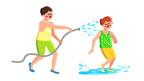 Children Playing And Splashing On Backyard Vector. Little Boys Playing With Garden Hose Splash And Spray Water On Backyard. Characters Leisure Funny Time Playtime Flat Cartoon Illustration