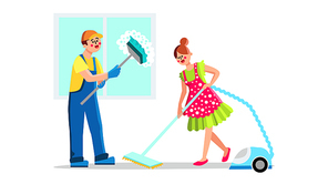 Cleaning Service Employees With Equipment Vector. Man With Mob Washing Window And Woman With Electronic Vacuum Cleaning Room Or Office Floor. Characters Wash And Clean Flat Cartoon Illustration