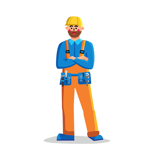 Foreman Building Worker Man Crossed Arms Vector. Builder Foreman Contractor Wearing Hard Hat And Uniform With Repair Instruments Standing With Cross Hands. Character Flat Cartoon Illustration