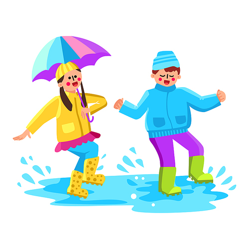 Children Jumping In Puddle With Splash Vector. Happy Boy And Girl Kids Wearing Rubber Boots And Rain Clothes Jump In Puddle. Characters Playing And Splashing Water Flat Cartoon Illustration