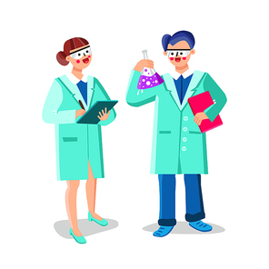 Scientist People Research Chemical Liquid Vector. Man And Woman Scientist Team Researching In Chemistry Laboratory. Characters Wearing Uniform Working In Laboratory Flat Cartoon Illustration