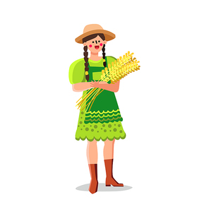 Sheaf Of Wheat Holding Village Young Woman Vector. Happy Smiling Cute Girl Hold Agricultural Corn Sheaf. Character Wearing Rural Clothes Harvesting Ripe Natural Plant Flat Cartoon Illustration
