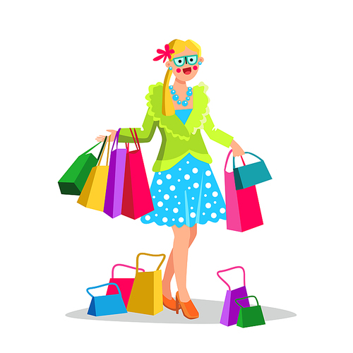 Shopaholism Problem Woman Walking With Bags Vector. Fashion Young Girl Shopaholism Disease Buying Trendy Clothes, Shopping And Waste Of Money. Character Shopper Flat Cartoon Illustration