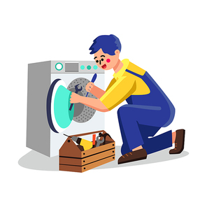 Washing Machine Service Plumber Repair Vector. Repairman Fixing Laundry Machine. Man Worker With Instrument Fix Electronic Equipment For Wash Clothes Character Flat Cartoon Illustration