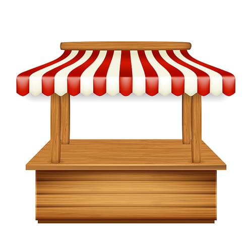 Market Pavilion Kiosk With Shop Awning Vector. Empty Wooden Market Stand With Red And White Striped Sunshade, Wood Material Storefront. Seller Workplace Template Realistic 3d Illustration
