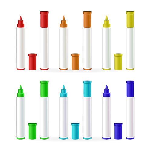 Marker Pens Stationery Different Color Set Vector. Artist Marker Pencils. Vivid Painting Tools, Various Spectrum Palette. Office Highlighters Design Accessory Template Realistic 3d Illustrations